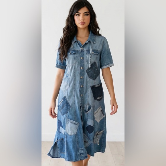 Upcycled Dresses & Skirts - Upcycled denim pocket Patchwork Denim jacket Dress size XL